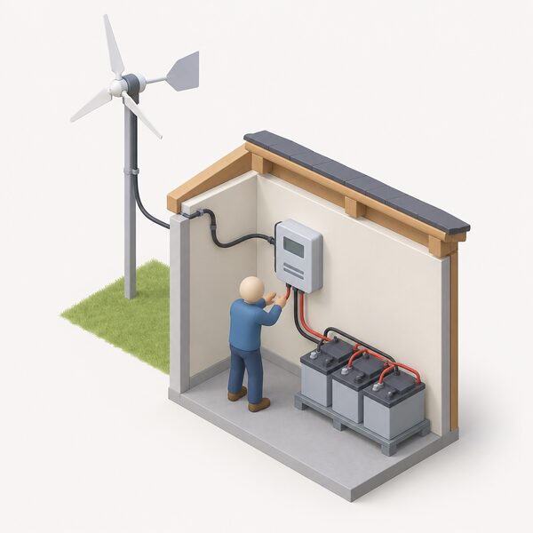 A small isometric indoor scene showing a wind charge controller mounted on a wall, with one cable running up and away to a micro wind turbine outside and another cable running down to a bank of lead acid batteries beside it, with a simplified figure checking the connections.