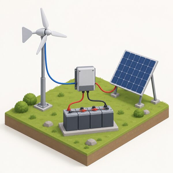 A small isometric off-grid scene showing a hybrid controller box with cables from a small wind turbine on a mast and a solar panel, both feeding into a battery bank, illustrating combined wind and solar charging.