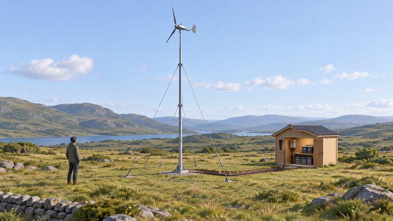A small three-bladed land-based wind turbine mounted on a tall guyed tower in an open exposed field, with a small shed in the background housing a battery bank and charge controller connected by a buried cable run from the tower base.