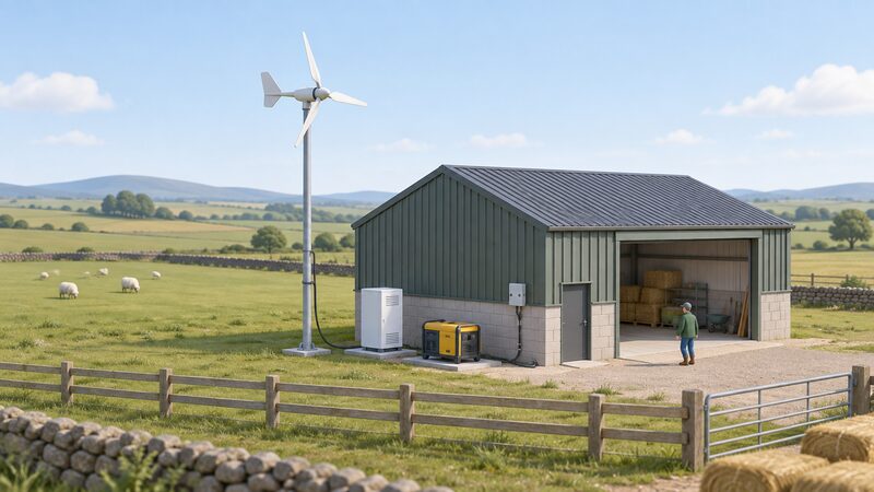 A small pole-mounted wind turbine on open farmland beside a simple farm outbuilding, with a battery store cabinet and a small backup generator unit on the ground nearby, connected by a cable running to the building.