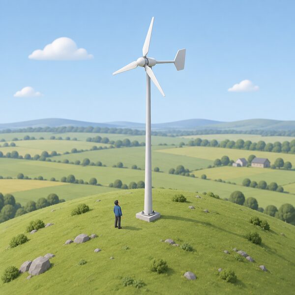 A small wind turbine on a tall mast standing on a raised hilltop in open countryside, well clear of a distant tree line and farm buildings, with a simplified isometric figure at its base looking up at the machine.