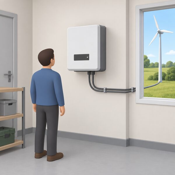 A wall-mounted inverter unit indoors on a plain utility-room wall, drawn as a simple boxed unit with a blank indicator panel, connected by visible cabling running from it toward the outside where a small wind turbine on a mast stands in the distance.