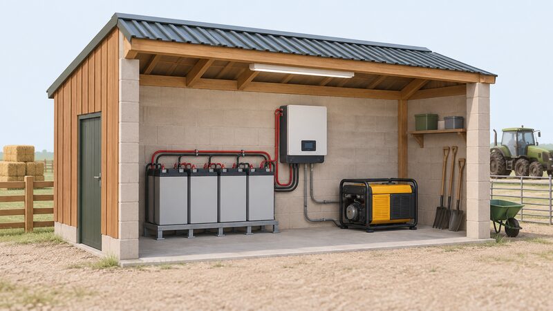 An off-grid energy store inside a simple farm outbuilding: a bank of batteries wired to a wall-mounted inverter, with a backup generator on the floor alongside, connected so it can charge the batteries and run loads when they run low.
