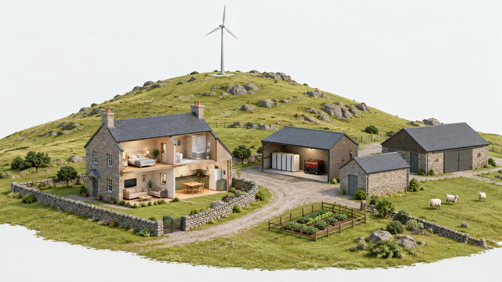 A small wind turbine on a tall mast on a hilltop beside a remote farm, with the farmhouse and outbuildings below, a battery store and a backup generator housed in one of the outbuildings, all standing in open land away from trees.