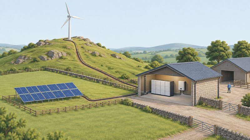 A small wind turbine on a raised hilltop spot and a ground-mounted solar array on the farm below, both feeding cables down to a shared battery store with an inverter beside it in a simple farmyard building.