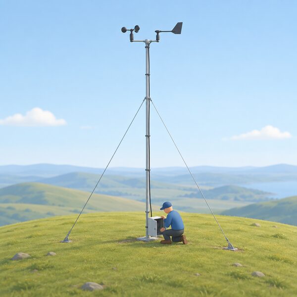 A slim guyed wind monitoring mast stands on a smooth open hilltop with anemometer and wind vane at the top, its cable running down to a small weatherproof data logger box at the mast base, while a simplified figure kneels beside the logger checking it.