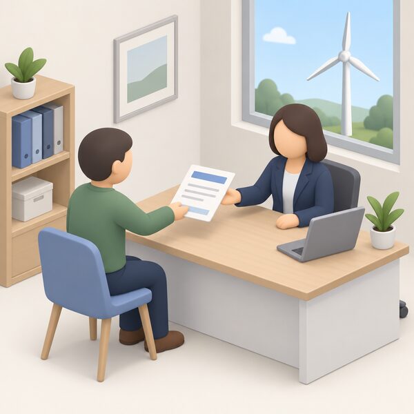 A simplified figure hands a Microgeneration Certification Scheme certificate, drawn as a physical document with blank lines and plain colour bands, across a desk to a supplier's representative, with a small domestic wind turbine visible through a window behind them.