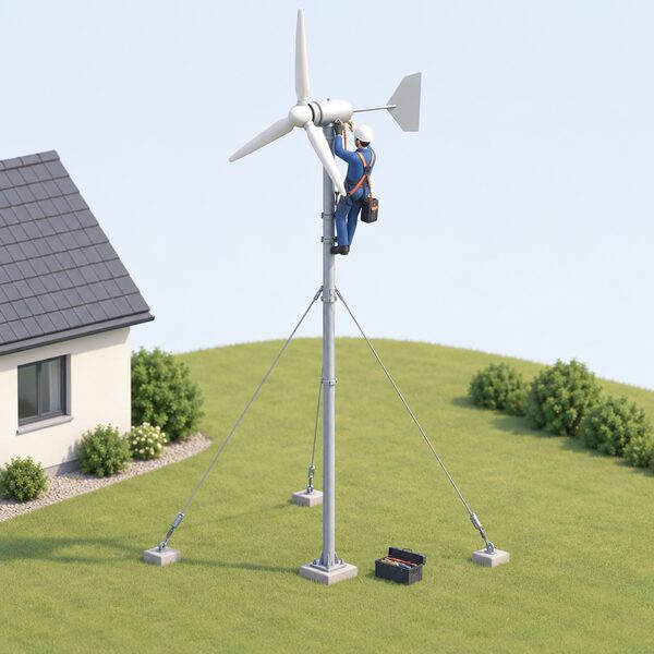 A small pole-mounted wind turbine on a guyed mast beside a house, with a simplified engineer figure in a harness at its base inspecting the turbine and nacelle during a periodic service check.