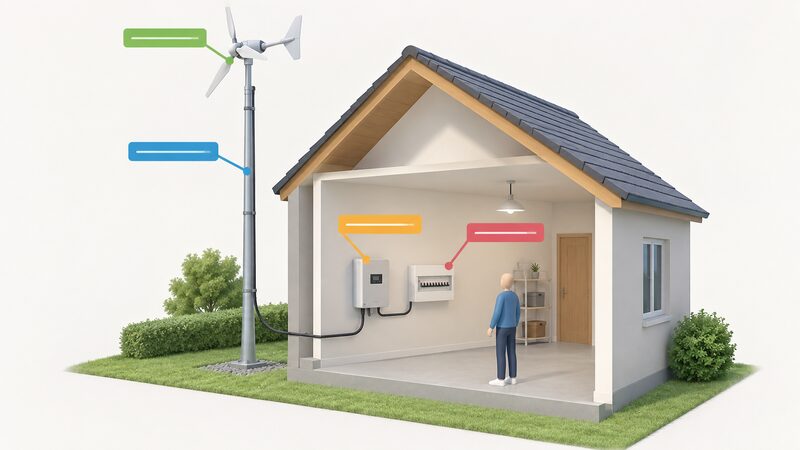 A diagram drawn as a printed sheet showing a small wind turbine on its mast connected by cable down to an inverter and then to a consumer unit inside the house, with a plain colour-coded label band pointing to each element and to the installation pairing, each band carrying only blank lines so no readable standard names appear.