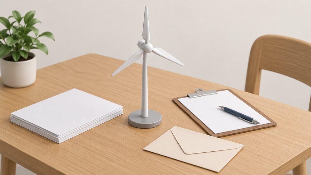 A small model of a freestanding wind turbine on a slim pole stands on a wooden table beside blank paperwork, a clipboard with a pen, and a plain certificate envelope, suggesting the moment a household checks certification documents before buying a turbine.