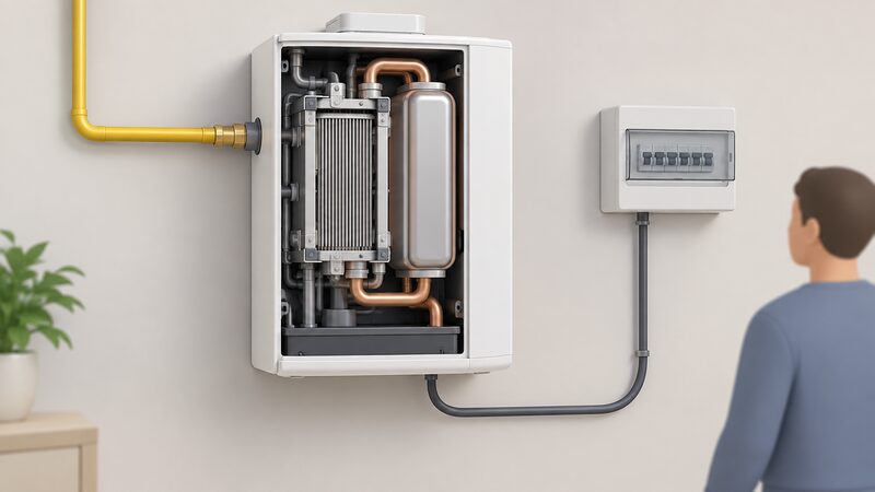 A cutaway wall-mounted domestic fuel cell micro-CHP unit revealing the fuel cell stack and heat exchanger inside, with a gas supply pipe entering and a cable running to the household consumer unit.
