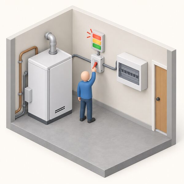 A small domestic fuel cell generating unit in a home utility space, wired to the household consumer unit, with a simplified isometric figure opening a protective disconnect switch between them as a plain voltage indicator beside the connection shows the supply moving outside its permitted band.