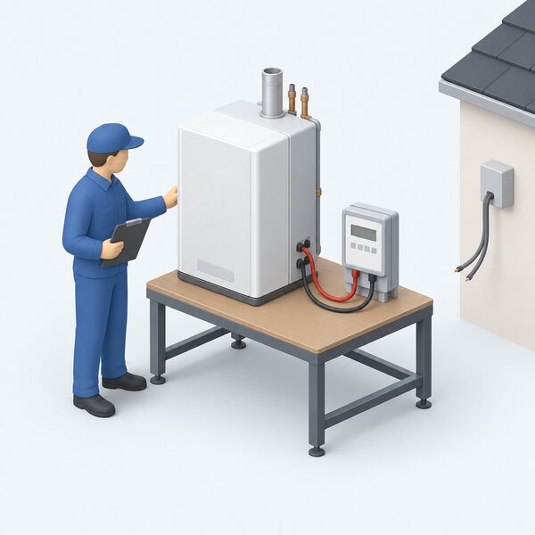 A certified domestic fuel cell micro-CHP unit on a test bench being checked for reconnection delay, with a technician beside it and an electrical meter connected to its output while the unit sits disconnected from the household supply.