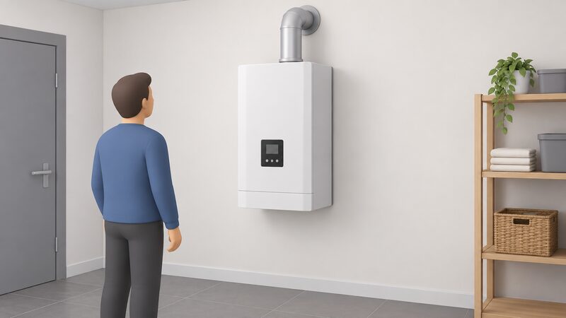 A wall-mounted fuel cell micro-CHP unit with its casing on, mounted on a plain utility room wall, with a flue pipe rising from its top through the external wall and a small control panel visible on its front face.