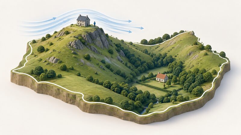 A simplified landscape showing one postcode boundary enclosing an exposed hilltop house with wind sweeping over it and a sheltered valley house below, illustrating how a single modelled average conceals two very different wind regimes.