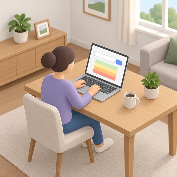 A simplified isometric figure sits at a table in a home setting typing a postcode into a laptop, whose screen shows the wind speed tool as a plain search box with blank entry lines and a simple colour-banded result block, with no readable words or numbers.