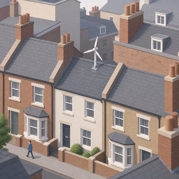 A small building-mounted wind turbine on the pitched roof of a terraced house in a dense built-up street, surrounded by taller neighbouring roofs and rooftops that shelter it from the wind.