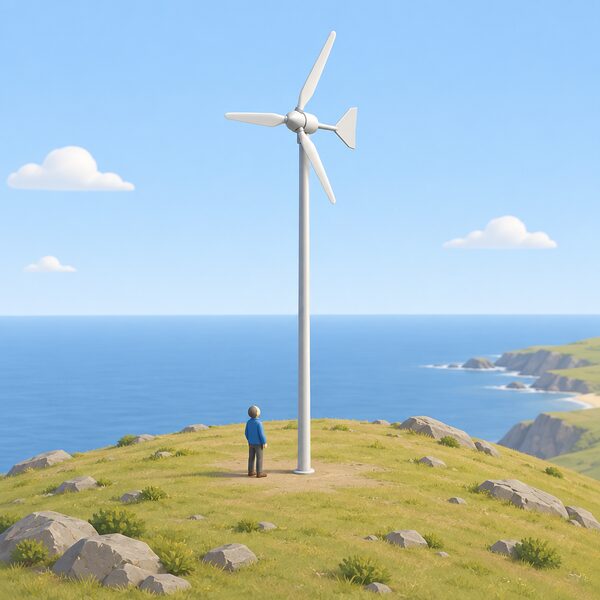 A small pole-mounted wind turbine on a slender mast standing alone in an exposed, open landscape such as a bare hilltop or coastal headland, its blades well clear of the ground and any nearby obstructions, with a simplified isometric figure at its base looking up at it.