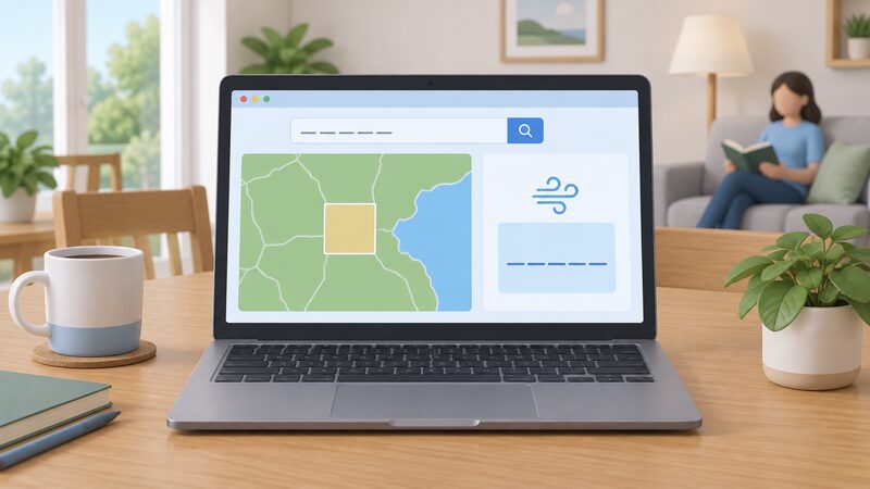 A laptop on a household table shows an online wind speed predictor page where a postcode has been entered into a search field and a simplified map of the surrounding area is displayed with a plain colour band marking the kilometre grid square and a blank result panel giving the modelled average speed.
