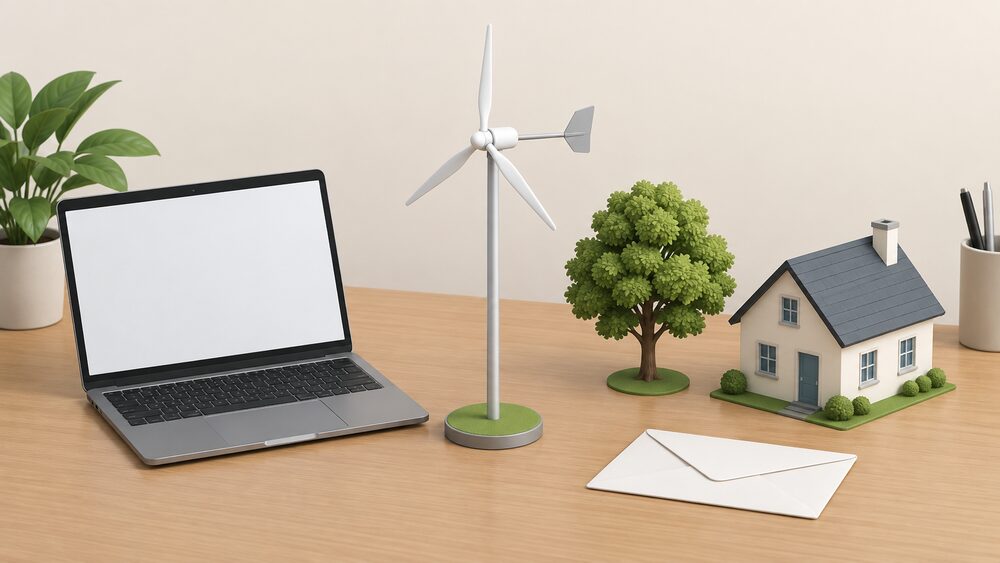 A small model of a pole-mounted domestic wind turbine standing on a desk beside a laptop with a blank screen and a blank envelope, with a leafy model tree and a small model house nearby to suggest local obstacles the postcode lookup cannot see.