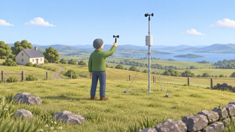 A person at a rural property holds a handheld anemometer up in the wind while a small mast nearby carries a mounted data logger recording wind speed across the open site.