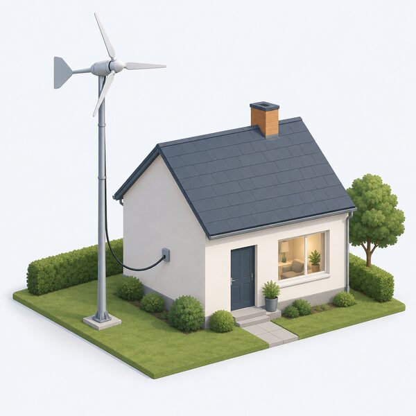 A small domestic wind turbine mounted on a tall pole beside a modest house, with a cable running down the pole and into the house wall to supply the property.