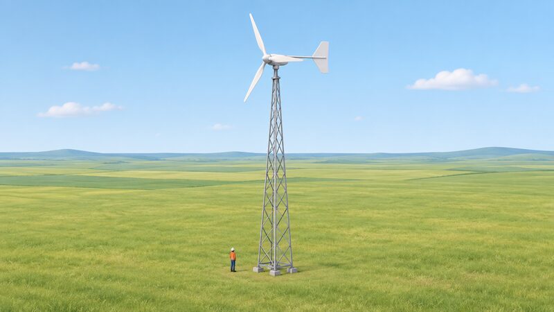 A small horizontal axis wind turbine on a tall lattice mast standing in open countryside, with wide empty fields around it and no trees, buildings or other obstacles anywhere near the height of the rotor's swept area.