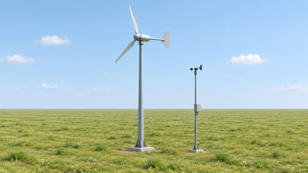 A small horizontal-axis wind turbine on a tall mast standing in open, exposed countryside, with a slimmer separate monitoring mast carrying a small anemometer and data logger box nearby, and no buildings, trees or hills anywhere in sight.