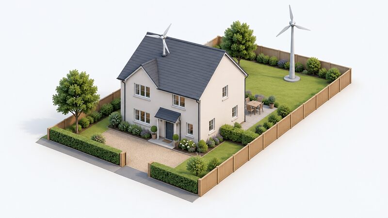 A detached house with a small wind turbine mounted on its roof, and a separate pole-mounted turbine with blades standing in the garden behind it, both within the property boundary.