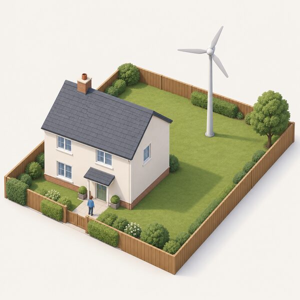 A single small stand alone wind turbine on a pole in the garden behind a house, with clear empty ground around it and no heat pump or other equipment anywhere on the property.