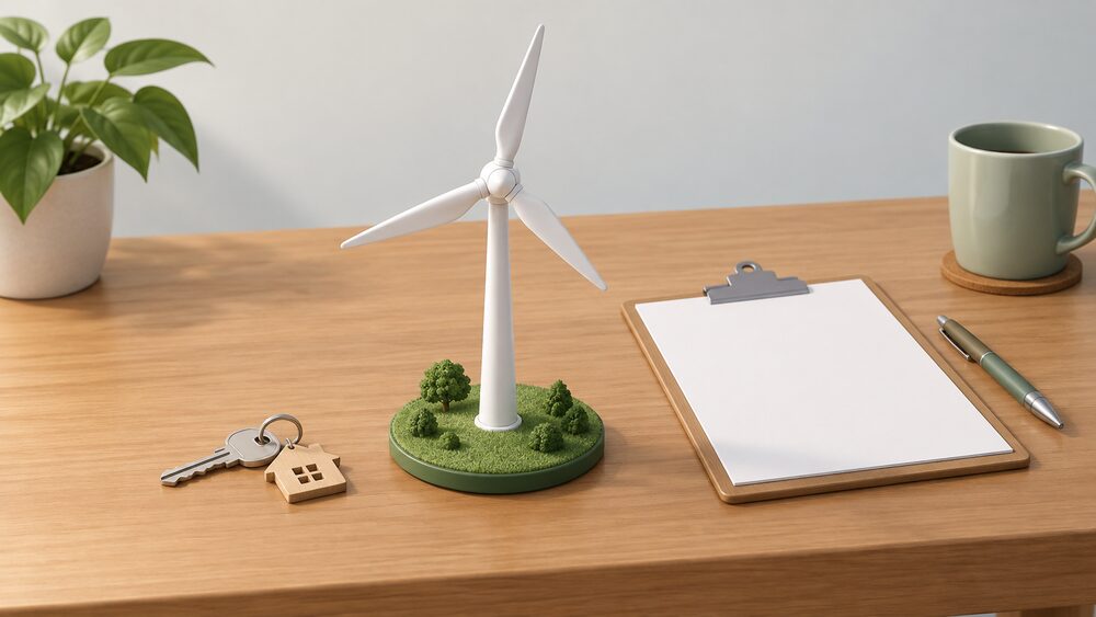 A small model of a stand-alone wind turbine with three blades stands on a wooden table beside a blank application form on a clipboard, a pen, and a house key, suggesting a household checking the rules before installing a turbine within its garden boundaries.