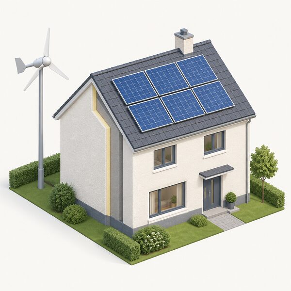 A small domestic wind turbine on a pole beside a simple house that also has solar panels on its roof and external wall insulation on its walls, shown together in one view.
