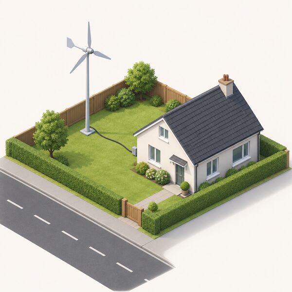A small stand-alone wind turbine on a slim pole in a house garden, set back from the highway and clear of the dwelling, with a simplified isometric house, garden boundary and a cable running from the turbine base toward the house wall.