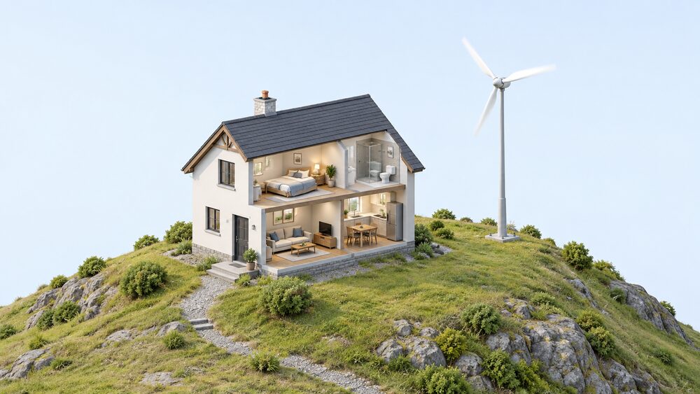A small pole-mounted 6kW wind turbine on a raised, exposed hilltop beside an isolated house, its blades turning freely in open sky with no trees or other buildings nearby to obstruct the wind.
