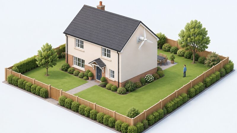 A small wind turbine mounted on the gable end of a detached house, its blades turning clear of the roof and well above ground level, with a boundary fence set back at a visible distance from the house.