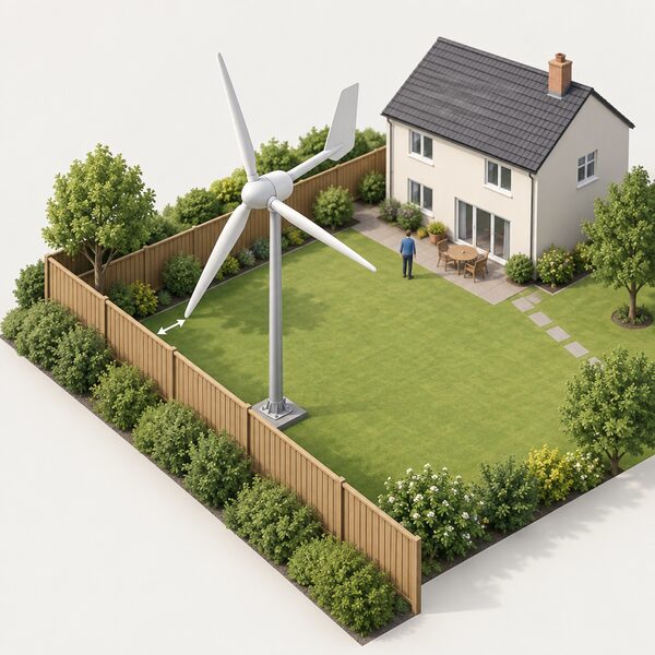A small stand-alone wind turbine on a mast in a domestic garden, its blades sweeping close to the timber boundary fence at the edge of the property, with the house further away and a tape-like gap emphasising how near the blade tips come to the boundary line.