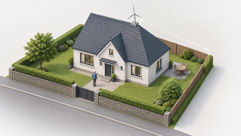 A small detached Scottish house with one roof-mounted wind turbine on its roof, and a marked line on the ground showing the five-metre gap between the turbine and the boundary of the property's curtilage.