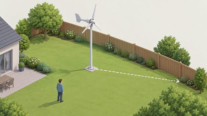 A small pole-mounted stand-alone wind turbine in a garden, shown with a dashed measurement line running from the turbine's base to the fence at the property boundary, illustrating the required clear setback distance.