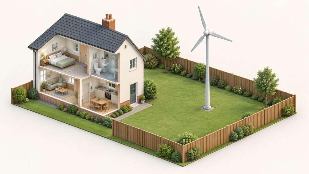 A small stand-alone domestic wind turbine on a mast stands in the middle of a house's back garden, well clear of the boundary fence that runs around the plot, with the house at one side and the blade tips high above the ground.