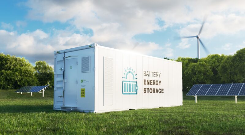 A white container-sized battery energy storage unit in a grassy field with solar panels and a wind turbine behind it