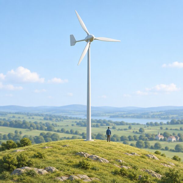 A small wind turbine on a slender mast standing on a raised hilltop in open countryside, its blades well clear of a distant tree line and any buildings, which sit low and far away in the simplified landscape.
