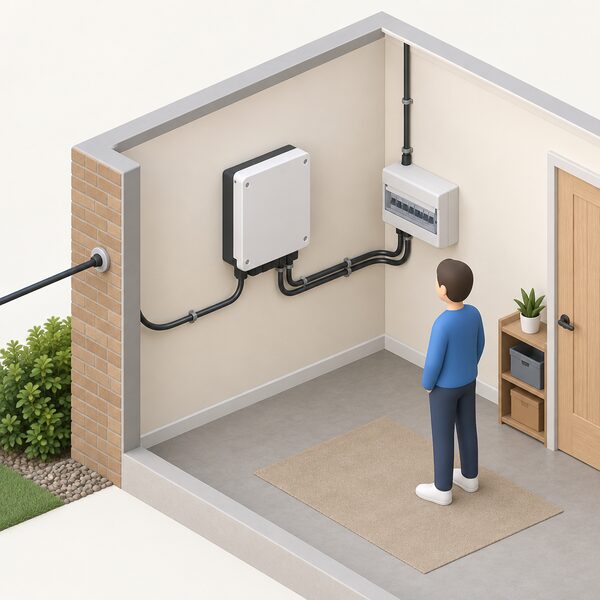 A wall-mounted inverter box indoors, with a cable entering from outside the building and output wiring running to a consumer unit, shown as a simple cutaway room scene.