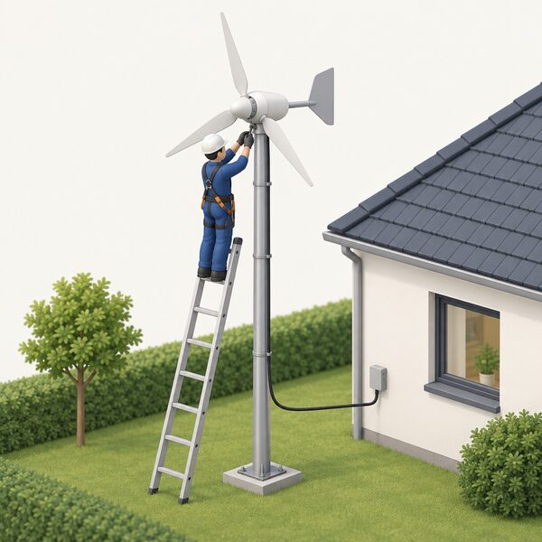 A certified installer in plain work clothing and a safety harness stands on a ladder against a small wind turbine mounted on a mast in the garden of a house, tightening a fixing on the turbine while the cable runs down the mast toward the house wall.