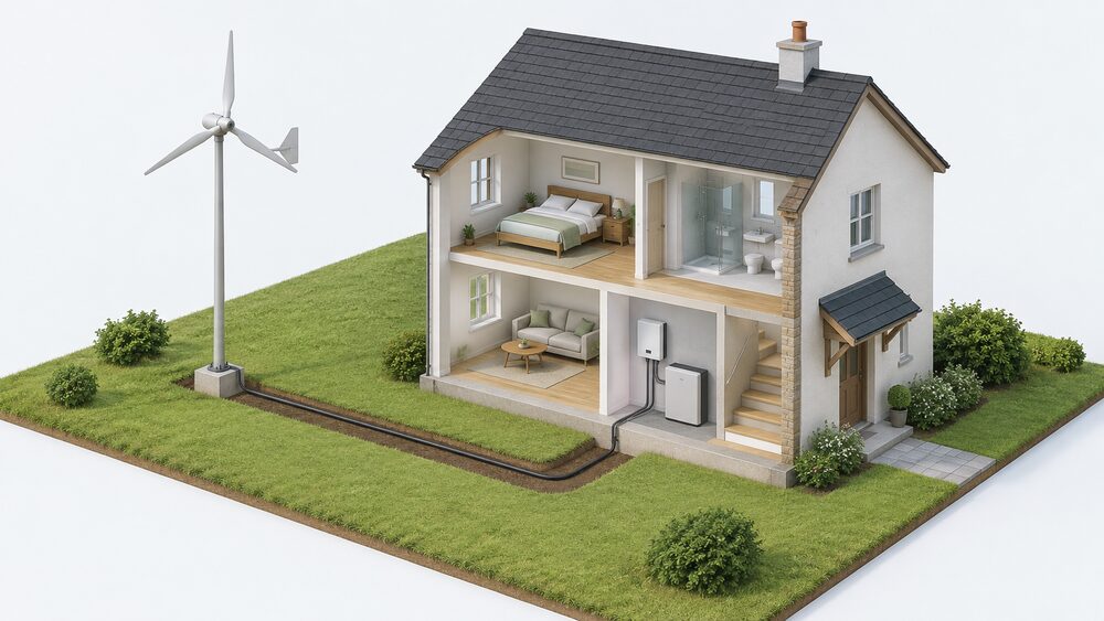 A small pole-mounted domestic wind turbine on its mast standing in clear, open grassy ground beside a house, with the cable run from the mast foundation into the building and an inverter and battery mounted on an indoor utility room wall shown in cutaway.