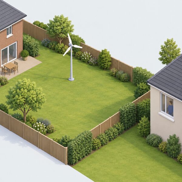 A small domestic wind turbine on a pole in a back garden, standing well back from a neighbouring house whose window faces it, with the open ground of the separation distance between the two clearly visible.