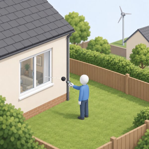 A small simplified isometric figure stands in the garden of a neighbouring house holding a sound meter at a point one metre out from the centre of a habitable-room window, the meter positioned perpendicular to the window plane, with a small wind turbine visible on a pole at a nearby property in the background.