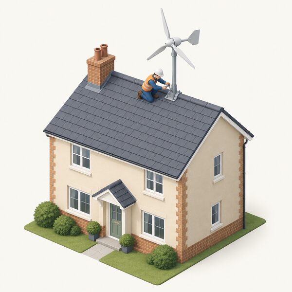 A small building-mounted wind turbine on the ridge-clear roof slope of a two-storey house, fixed on a short pole well away from the chimney stack at the ridge, with a simplified isometric installer figure on the roof tightening the mounting bracket.