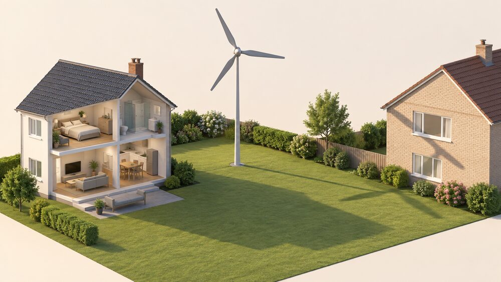 A small freestanding domestic wind turbine on a pole stands in an open garden, set well back from a neighbouring house, with the low sun throwing the blades' moving shadow across the lawn toward the neighbour's window, the blades matte and non-reflective and the lowest blade well above ground level.