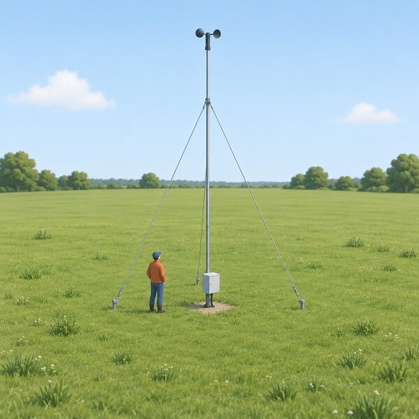 A small anemometer with spinning cups mounted on a slender guyed mast standing in an open grassy garden plot, with a data logger box at its base, positioned where a home wind turbine is planned and clear of nearby trees and buildings.