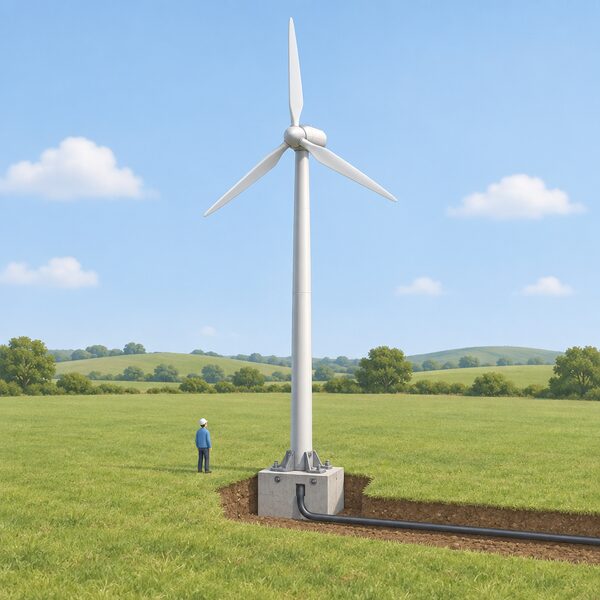 A pole-mounted domestic wind turbine on a tall lattice or tubular tower standing in open grassy ground, with foundations and a buried cable run suggested at its base, shown as a complete installed system rather than a roof-mounted or very small turbine.